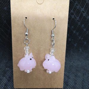 NEW - Adorable Glass Pink Piggy Beaded Earrings Stainless Steel - One of a Kind